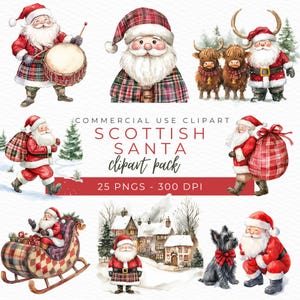 Clipart de Papai Noel Escocês, Ilustração de Papai Noel em Kilt, Arte de Natal das Terras Altas, Clipart Festivo, Gráficos Rústicos de Natal, Download Instantâneo