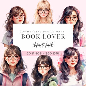 Pack de cliparts amateur de livres, 20 images PNG de jolies filles avec des lunettes, aquarelle pour travaux manuels, invitations, décoration, téléchargement immédiat