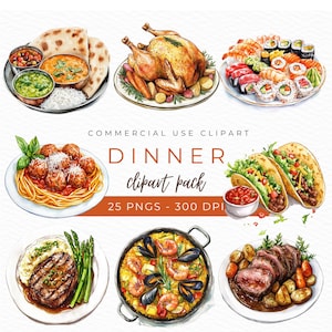 Clipart dîner, aquarelle PNG, repas de famille, illustration de dîner de fête, graphiques de pâtes, conception de steak, décoration de cuisine italienne, téléchargement immédiat