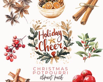 以下が含まれることがあります： クリスマス・ポプリの要素を描いた水彩イラスト。八角、松ぼっくり、オレンジスライス、シナモンスティックが入ったボウルが含まれています。「Holiday Cheer」の文字が入ったリースと赤いベリーの小枝も特徴です。
