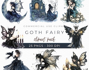 Goth Fairy Watercolor Clipart: Dark Fantasy PNG Graphics (Instant Download)