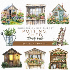 May include: A set of watercolour illustrations featuring potting sheds, windows, and gardening tools. The illustrations are perfect for creating digital or printed designs for home decor, scrapbooking, or other creative projects.