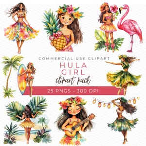 Puede incluir: Paquete de imágenes prediseñadas de acuarela con ilustraciones de chicas hula con trajes florales coloridos, con piñas, tablas de surf y un flamenco. El texto dice "Hula Girl clipart pack" y "25 PNGs - 300 DPI".