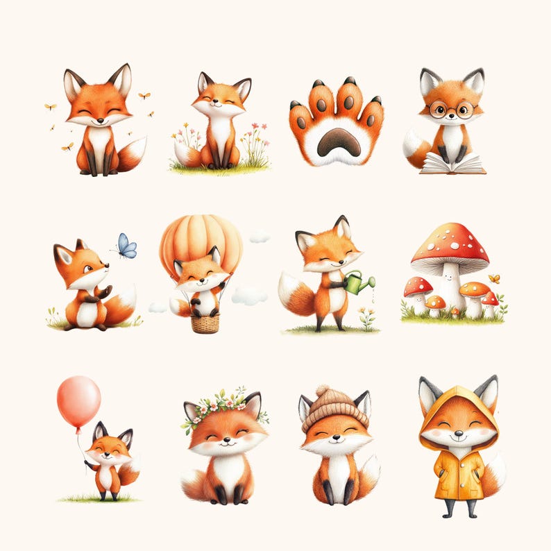 May include: A collection of 11 adorable fox illustrations in various poses and settings. The foxes are depicted in a cartoon style with orange fur, white accents, and black eyes. Some foxes are wearing hats, holding objects, or sitting in a hot air balloon. The illustrations are perfect for adding a touch of whimsy to any project.
