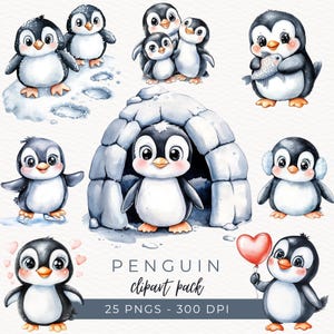 Cute Penguin Clipart, Bebê Pinguim PNG, Aquarela Animais de Inverno, Arte de Pinguim de Natal, Decoração de Berçário, Download Instantâneo