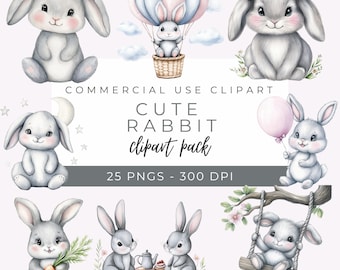 Clipart di coniglietti carini ad acquerello, PNG di coniglietti, arte di animali per bambini, illustrazione di coniglietti pasquali, clipart di animali carini, download istantaneo