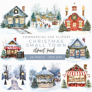 Imágenes prediseñadas de pueblo pequeño navideño, escena de pueblo invernal, gráficos festivos, arte de pueblo nevado, PNG navideño vintage, descarga instantánea