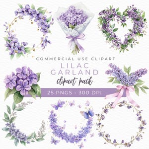 ライラックの花輪のクリップアート、水彩画の藤のアート、紫の花のガーランド PNG、植物のクリップアート、吊り下げられた花のイラスト、即時ダウンロード