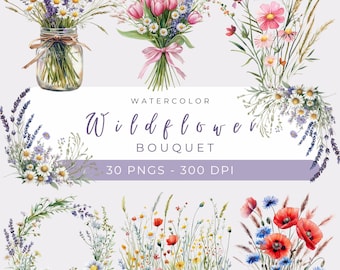 Illustrazione di un bouquet di fiori selvatici ad acquerello, arte floreale botanica, illustrazione di un bouquet da sposa, fiori selvatici in formato PNG, download immediato