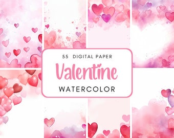 May include: A set of 55 digital papers featuring watercolor hearts in shades of pink. The papers are perfect for Valentine's Day crafts, scrapbooking, and other creative projects.