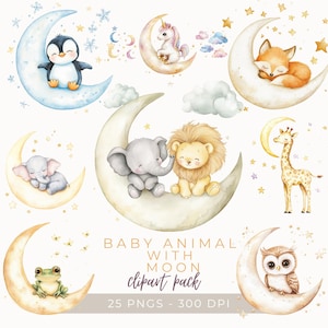Clipart de animalito con luna, decoración de acuarela para guardería, adorables animales del bosque y arte lunar celestial, descarga digital para baby shower