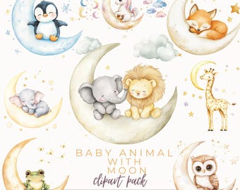 May include: Watercolor illustrations of baby animals, including a penguin, unicorn, fox, elephant, lion, giraffe, frog, and owl, each perched on a crescent moon. The image includes text that reads "BABY ANIMAL WITH MOON clipart pack".