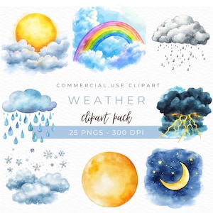 Weather Clipart, Watercolor PNG, Cute Sun and Cloud Illustration, Storm & Rain Graphics, Seasonal Weather Icons, Instant Download