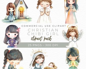 Christian Chibi Girl Clipart, Cute Girl Praying PNG, Religious Graphics, Angel Clipart, Faith Illustration, Instant Download
