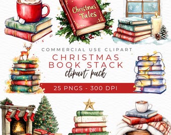 Imágenes prediseñadas de pila de libros navideños, PNG de libros navideños, arte festivo en acuarela, ilustración de árbol de libros navideños, descarga instantánea