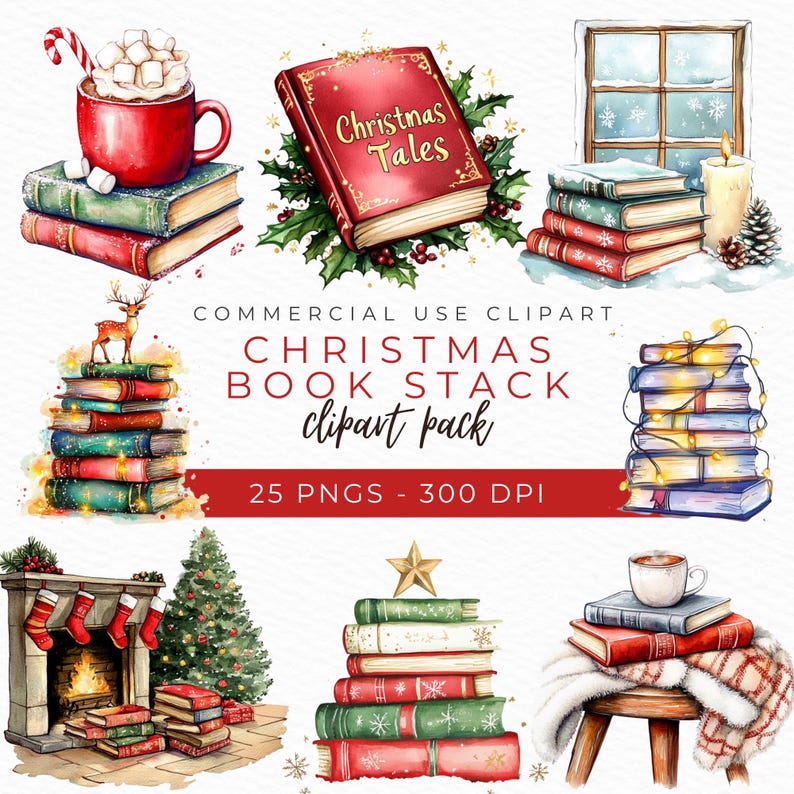 May include: Watercolor clipart pack featuring stacks of books with Christmas themes. Includes a red mug with marshmallows, a book titled "Christmas Tales", and stacks of books near a fireplace and Christmas tree. The text "CHRISTMAS BOOK STACK clipart pack" is also visible.