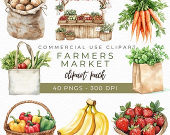Clipart acquerello del mercato agricolo, arte di prodotti freschi, PNG di verdure, illustrazione di fattoria, clipart del giardino, download istantaneo
