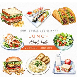 May include: A watercolor illustration clipart pack of various lunch items, including a sandwich, a burrito, a salad, a burger, pasta, sushi, and tacos. The clipart is perfect for commercial use and is available in 25 PNG files at 300 DPI.
