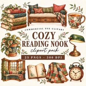 Könnte beinhalten: Eine digitale Sammlung von Illustrationen einer gemütlichen Leseecke mit einem Bücherstapel, einer Holzbank mit Kissen, einer geblümten Teetasse, einer Topfpflanze, einer grünen Schreibtischlampe, einem Erkerfenster, einem offenen Buch, einem Patchwork-Quilt und einem Wecker.