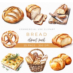 Clipart de pão, PNG de aquarela, Ilustração de pão rústico, Gráficos de padaria artesanal, Arte de baguete e fermento natural, Design de alimentos, Download instantâneo
