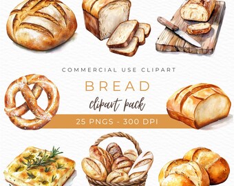 May include: A watercolor illustration set of various types of bread, including a loaf of white bread, a pretzel, a baguette, a focaccia, and a round loaf of bread. The illustration is in a cartoon style and is perfect for use in digital or printed projects.