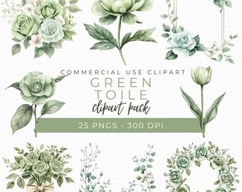 Green Toile Floral Clipart, Watercolor Floral Art, Vintage Flower PNG, Victorian Clipart, Rustic Botanical Graphics, Instant Download