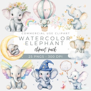 Clipart de elefante aquarela, elefante bebê fofo PNG, decoração de berçário, arte animal, clipart de chá de bebê, download instantâneo