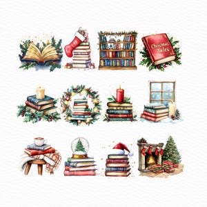 May include: Watercolor illustrations of Christmas-themed books and decorations. The image features stacks of books adorned with holly, candles, and festive elements like a stocking, snow globe, and Santa hat. A cozy holiday theme.