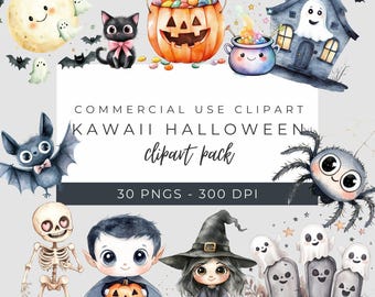 Kawaii Halloween Clipart, Cute Spooky PNG Graphics, Adorable Halloween Art for DIY Projects, Journals, Invitations, Instant Download
