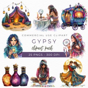 Imágenes prediseñadas de gitanos, imágenes prediseñadas místicas, gráficos boho, bola de cristal PNG, arte gitano vintage, descarga instantánea