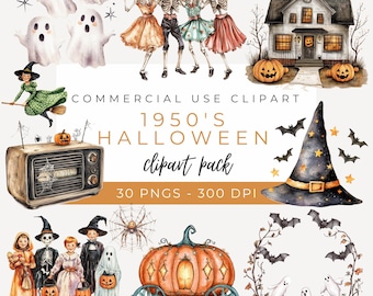 1950s Halloween Clipart, Retro Witch Clipart, Vintage Halloween Kids PNG, Scrapbooking Use