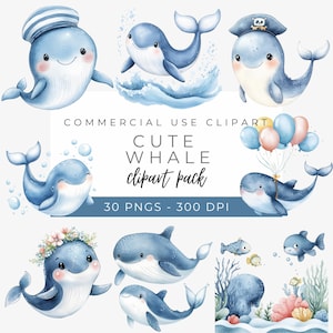 Niedliche Wal Clipart, Aquarell Wal PNG, unter dem Meer Clipart, Ozean Tier Illustrationen, Kinderzimmer Dekor & Babyparty