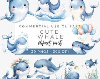 Cute Whale Clipart, Watercolor Whale PNG, Under the Sea Clipart,Ocean Animal Illustrations, Nursery Decor & Baby Shower