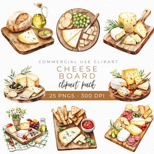 May include: Watercolor clipart set of cheese boards with various cheeses, crackers, grapes, olives, bread, salami, and other charcuterie items.  The set includes 25 PNG files at 300 DPI.  COMMERCIAL USE CLIPART CHEESE BOARD clipart pack 25 PNGS - 300 DPI