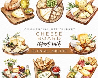 May include: Watercolor clipart set of cheese boards with various cheeses, crackers, grapes, olives, bread, salami, and other charcuterie items.  The set includes 25 PNG files at 300 DPI.  COMMERCIAL USE CLIPART CHEESE BOARD clipart pack 25 PNGS - 300 DPI