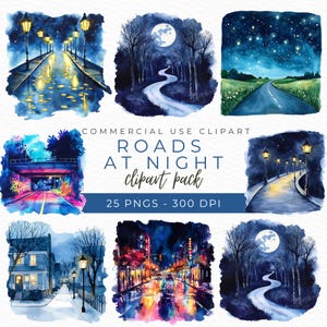 Wegen bij nacht clipart, schilderachtige weg PNG, Night Drive illustratie, City Lights-graphics, reizen clipart, Instant Download