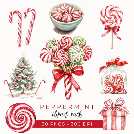 Watercolor Peppermint Clipart, Candy Cane Illustration, Christmas Sweets Art, Holiday Candy PNG, Festive Clipart, Instant Download