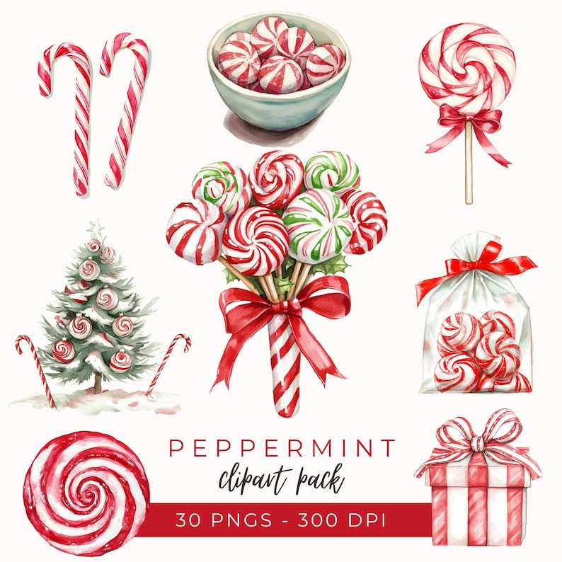 May include: Watercolor clipart set of peppermint candies, candy canes, and a Christmas tree. The set includes a bowl of peppermint candies, a bouquet of peppermint candies on a candy cane, a candy cane lollipop, a bag of peppermint candies, a gift box, and a Christmas tree decorated with peppermint candies. The clipart is perfect for creating holiday cards, invitations, and other festive projects.