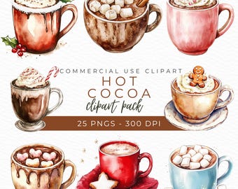 Watercolor Hot Cocoa Clipart: Christmas Mug Graphics (Instant Download)