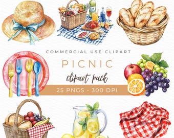 Picnic Clipart: Watercolor Picnic Table & Food Illustrations (Instant Download PNGs)