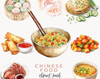 Chinese Food Clipart, Asian Cuisine Art, Watercolor Dumplings, Cute Dim Sum Illustration, Cooking Clipart, Instant Download