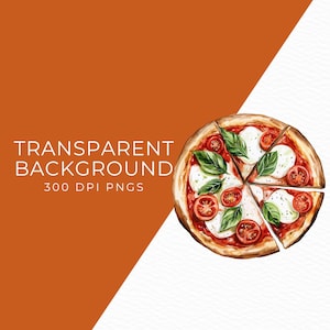 Pu&ograve; includere: Illustrazione ad acquerello di una pizza con mozzarella, pomodori e basilico, tagliata in sei fette. Il testo "TRANSPARENT BACKGROUND 300 DPI PNGS" &egrave; visibile sul lato sinistro dell'immagine.