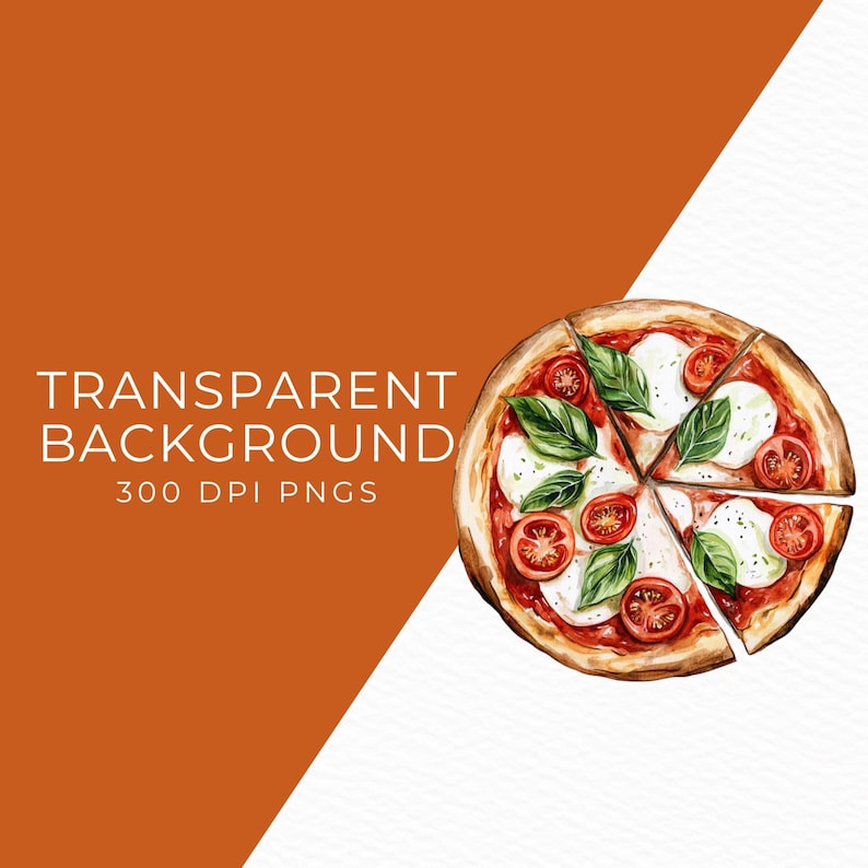 Pu&ograve; includere: Illustrazione ad acquerello di una pizza con mozzarella, pomodori e basilico, tagliata in sei fette. Il testo "TRANSPARENT BACKGROUND 300 DPI PNGS" &egrave; visibile sul lato sinistro dell'immagine.