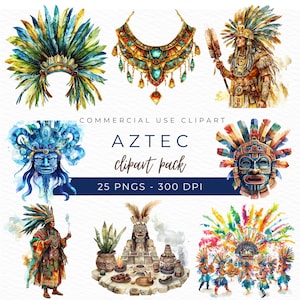 May include: A digital clipart pack featuring watercolour illustrations of Aztec culture. The pack includes images of a headdress, necklace, mask, warrior, and a scene of a ritual. The text "AZTEC clipart pack" is included in the image.