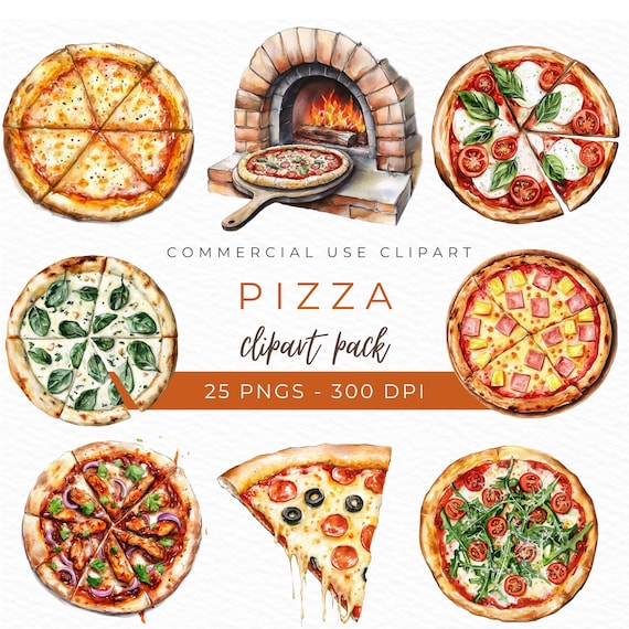 Pizza Clipart, Watercolor PNG, Pizza Slice Illustration, Pepperoni Art, Kawaii Pizza Design, Food Sticker Graphics, Instant Download
