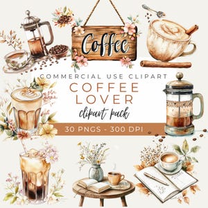 Paquete de imágenes prediseñadas para amantes del café, ilustraciones de café bohemio, arte de café en acuarela, imágenes prediseñadas de cafetería acogedora, 30 PNG, descarga instantánea