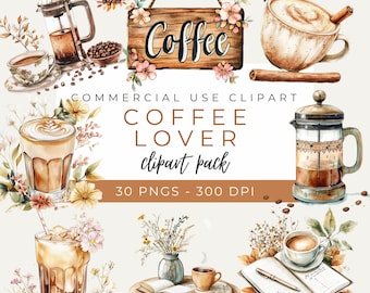Coffee Lover Clipart Pack, Boho Coffee Illustrations, Watercolor Coffee Art, Cozy Cafe Clipart, 30 PNGs, Instant Download