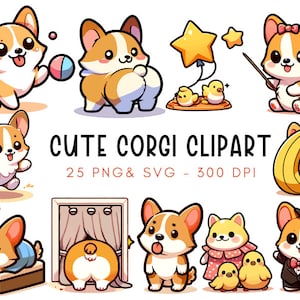 Conjunto de 25 clipart de corgi kawaii, bunda de corgi fofa, clipart digital de cachorros engraçados, suprimentos para planejadores, gráficos vetoriais, filhotes para impressão, ilustração de animais