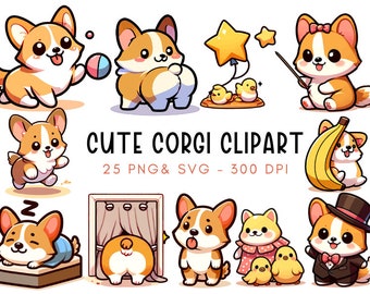 May include: A collection of cartoon corgi dog illustrations in various poses. The corgis are depicted in shades of brown, white, and tan, with playful expressions. The image includes text that reads "CUTE CORGI CLIPART" and details about the file format.