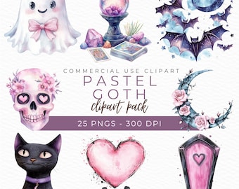 Pastel Goth Clipart, Watercolor PNG, Cute Spooky Aesthetic Art, Soft Goth Illustration, Witchy Graphics, Halloween Decor, Instant Download